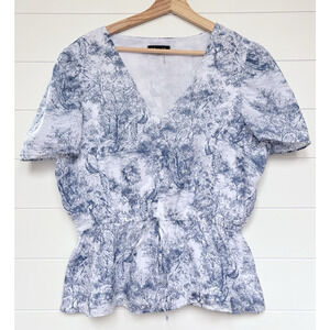 1. State Blue White Toile Print Peplum Blouse Top 100% Cotton L Cottagecore Boho